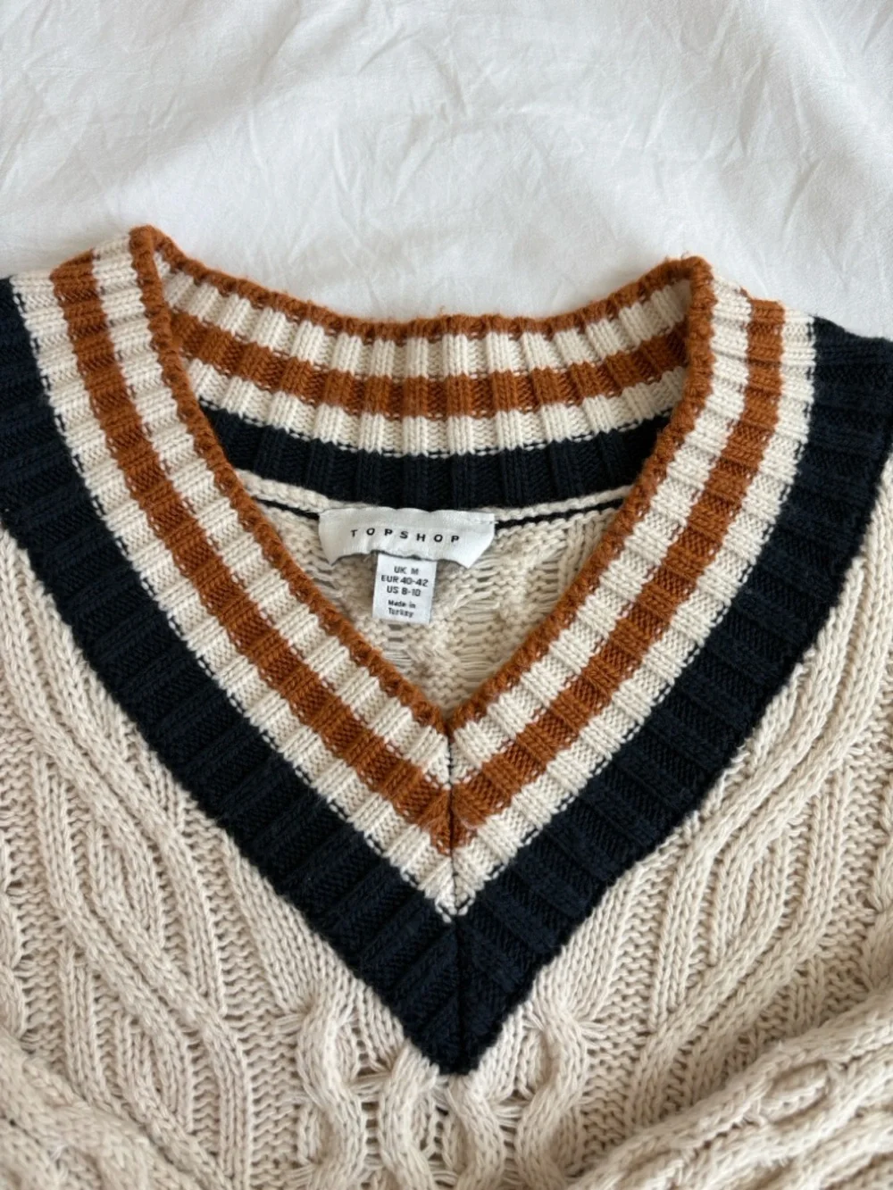 Topshop Cream Cable Knit V-Neck Sweater with Navy Blue and Orange Brown Trim - Picture 2 of 6